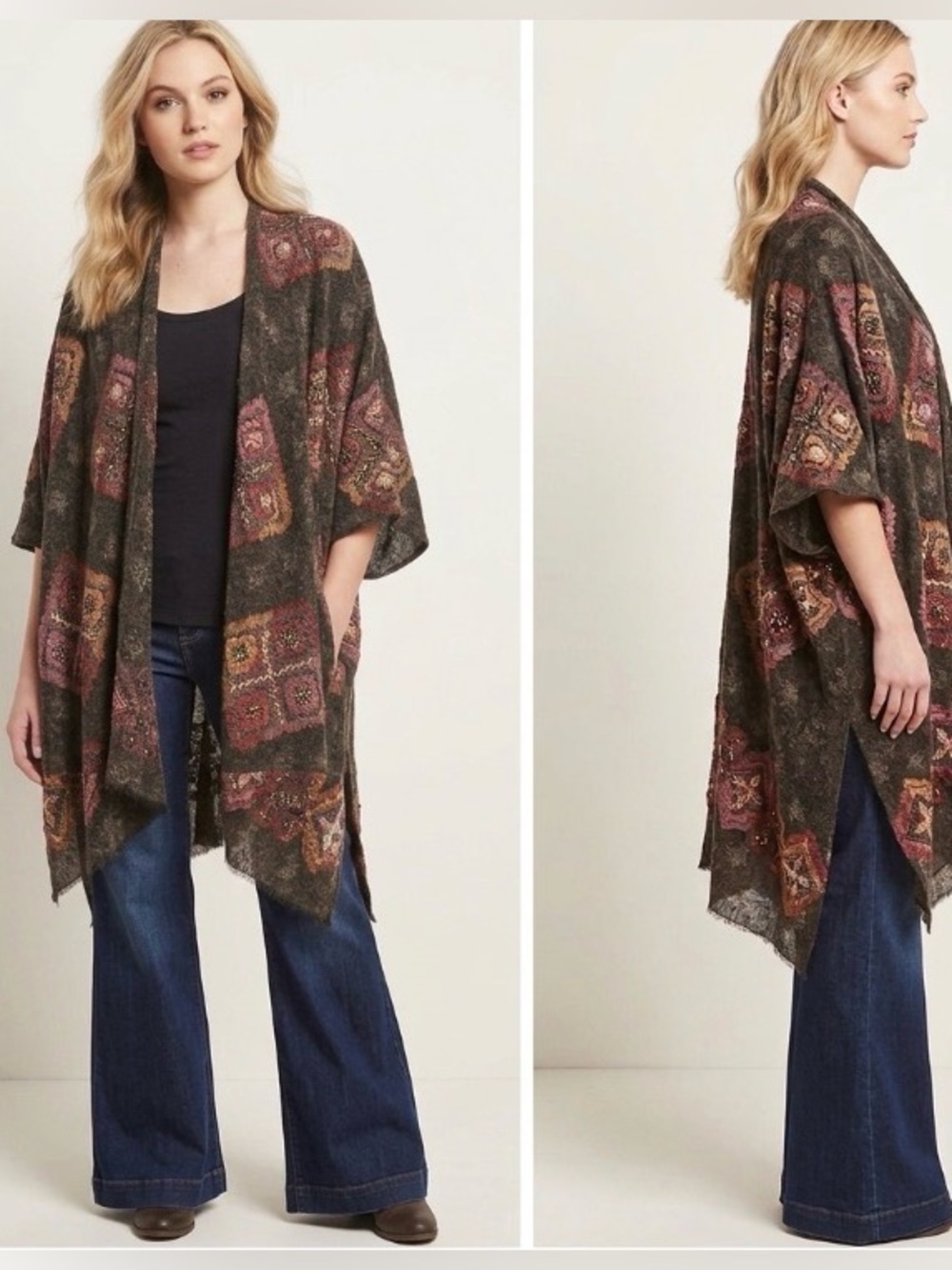 Anthropologie Aratta Lola Poncho Kimono Beaded Patchwork Boho One Size Cardigan